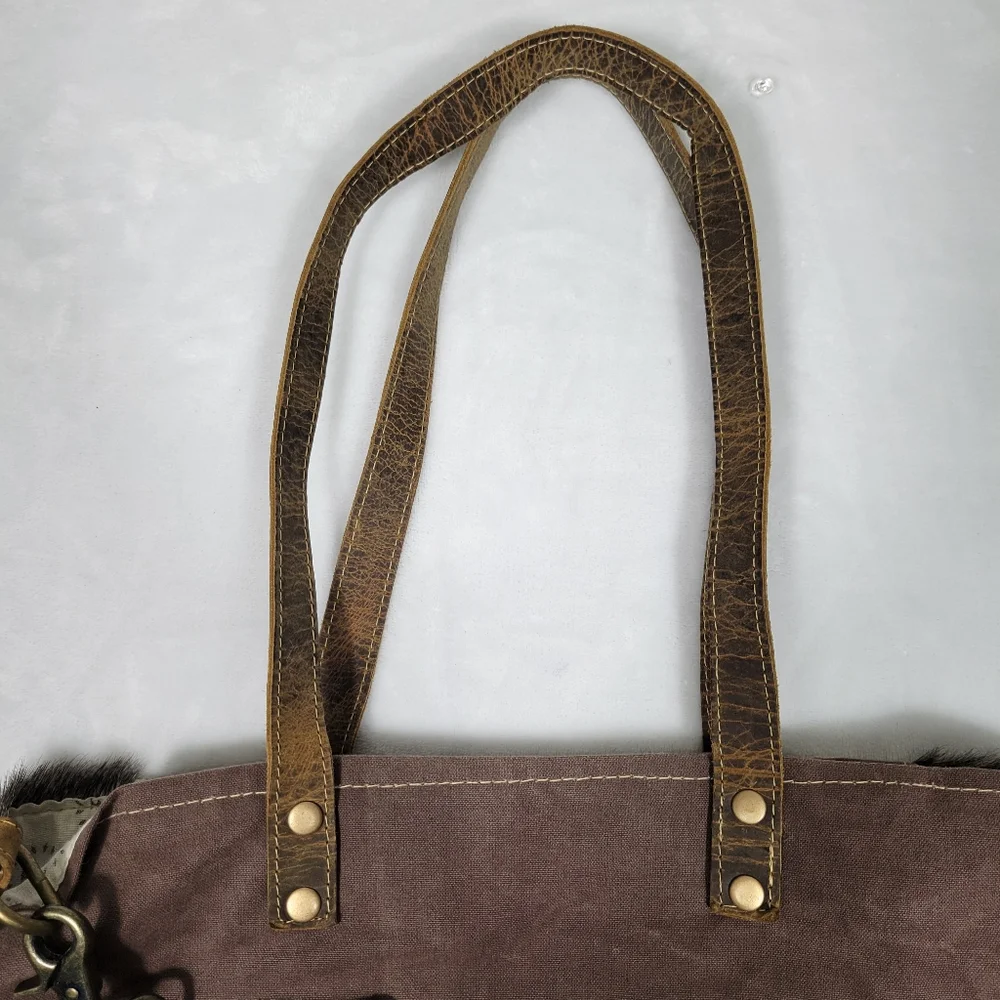 Myra EUC Ace Cowhide Canvas Messenger Bag Leather Straps Bohowestern Aztec Retro - Picture 16 of 16